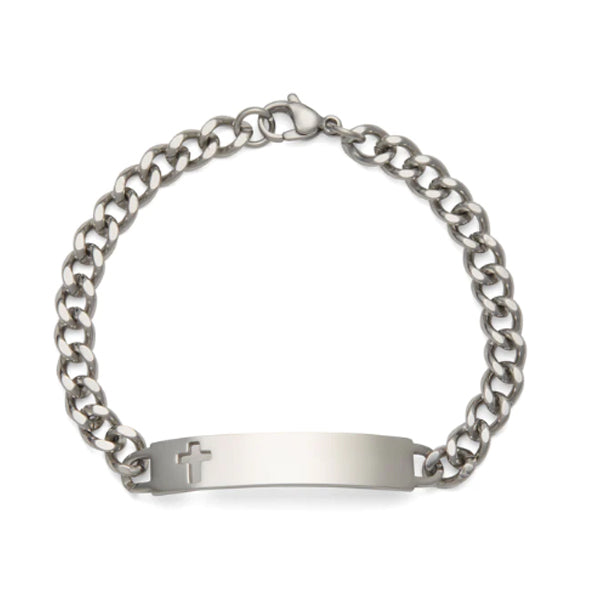 Silver Tone ID Bracelet with Cut-Out Cross Plaque