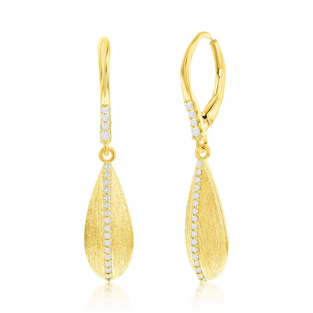 Sterling Silver Long Pear-Shaped Brushed Cubic Zirconia Earrings