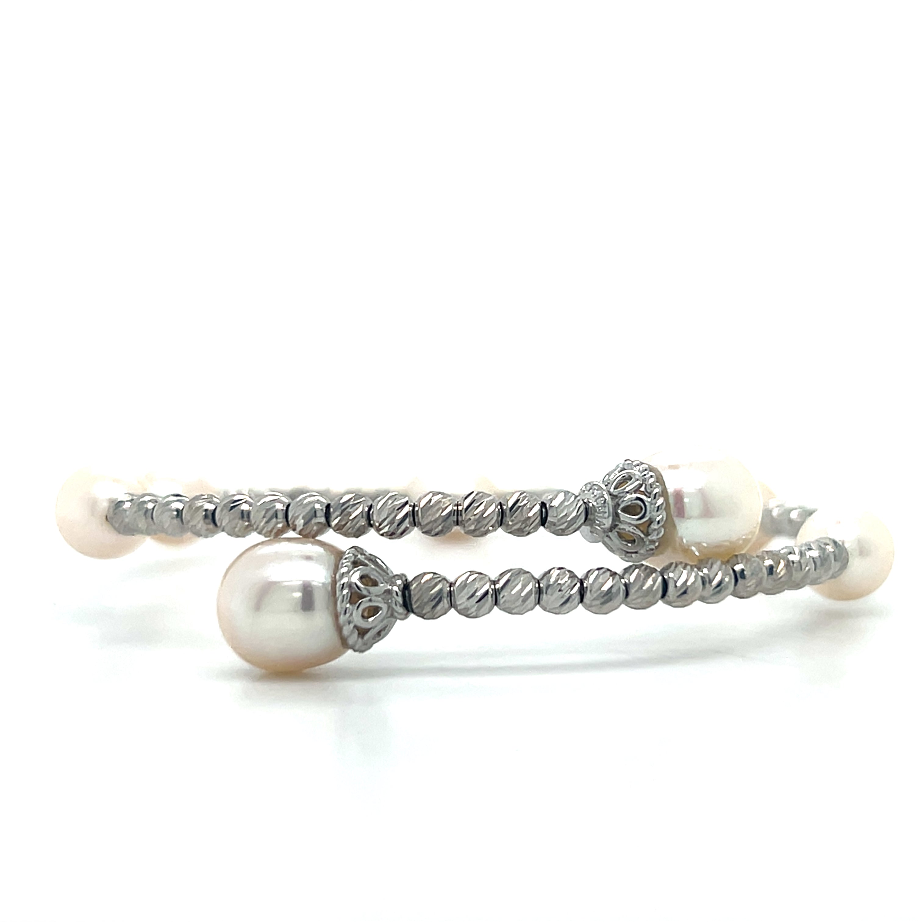 Silver Rhodium Plated Bead and Freshwater Pearl Station Cuff Bracelet 7.5"