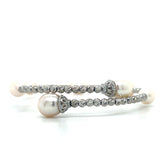 Silver Rhodium Plated Bead and Freshwater Pearl Station Cuff Bracelet 7.5"
