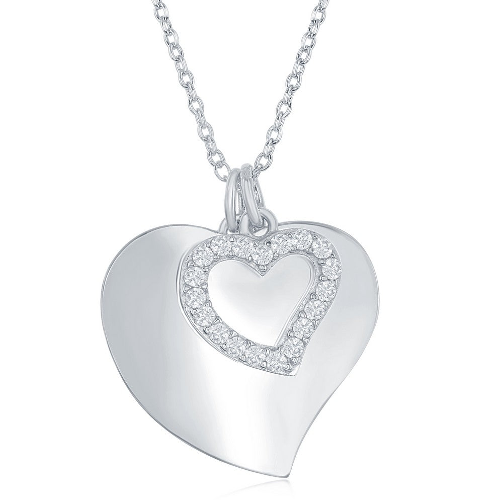 Sterling Silver Shiny Heart with Open Cubic Zirconia Heart Necklace 16+2"