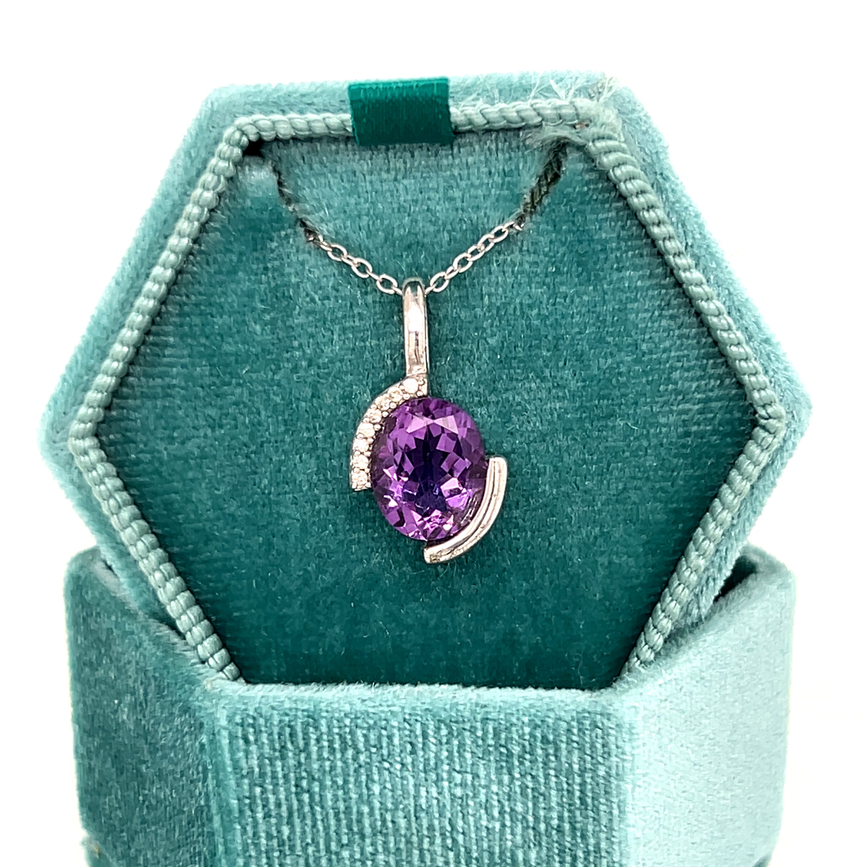 Silver Oval Amethyst and White Cubic Zirconia Partial Bezel Set Pendant Necklace