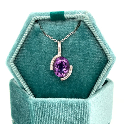 Silver Oval Amethyst and White Cubic Zirconia Partial Bezel Set Pendant Necklace