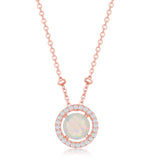 Sillver Rose Gold Plated Round White Opal with CZ Halo Beads Necklace