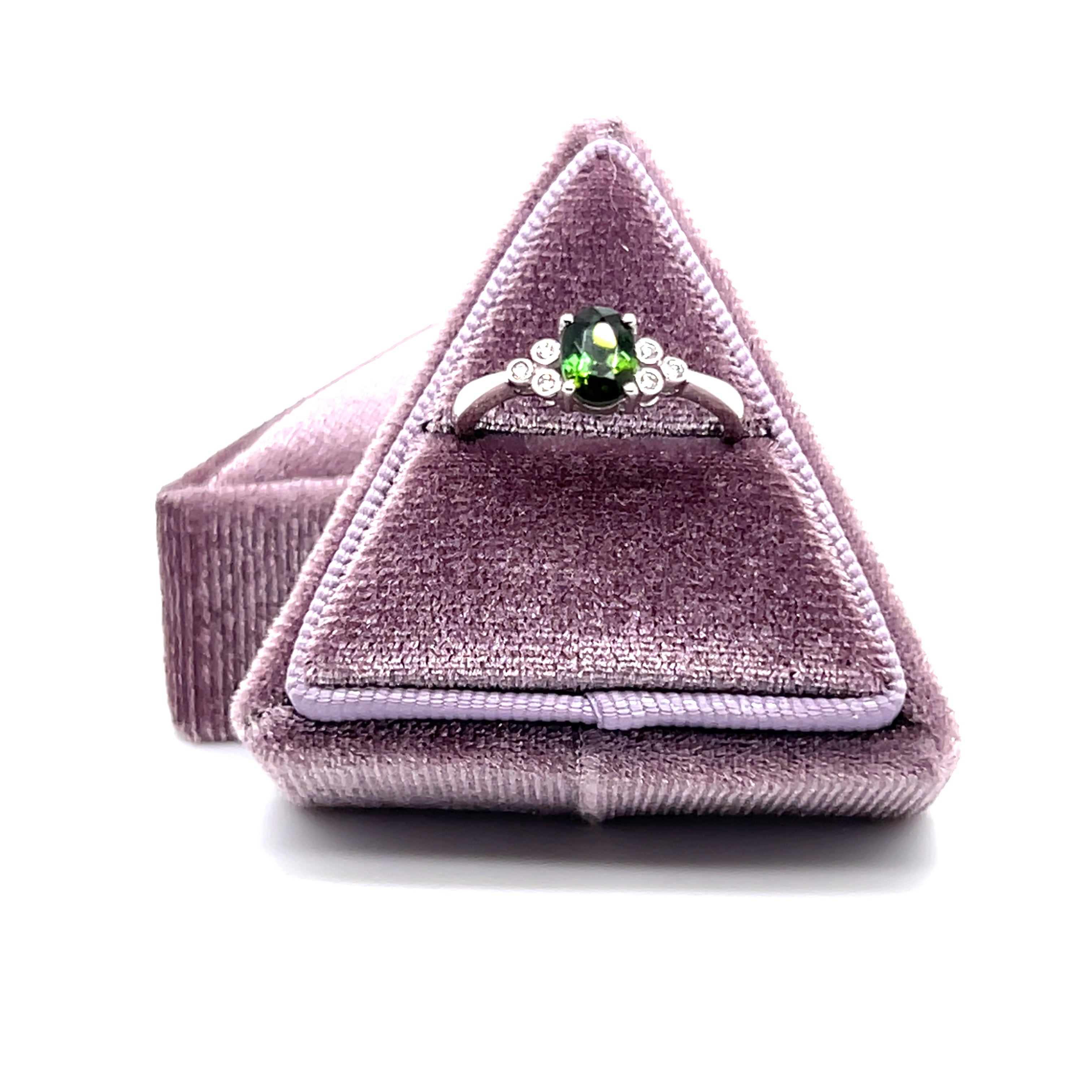 14K White Gold 5x7mm 0.66CT Oval Moss Green Tourmaline and 0.06 Carat Total Weight (6) Diamond Ring