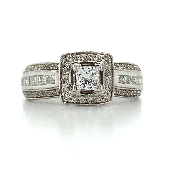 14K White Gold 1.04 Carat Total Weight (.29 Center Princess Cut) Diamond Bridal Engagement Ring