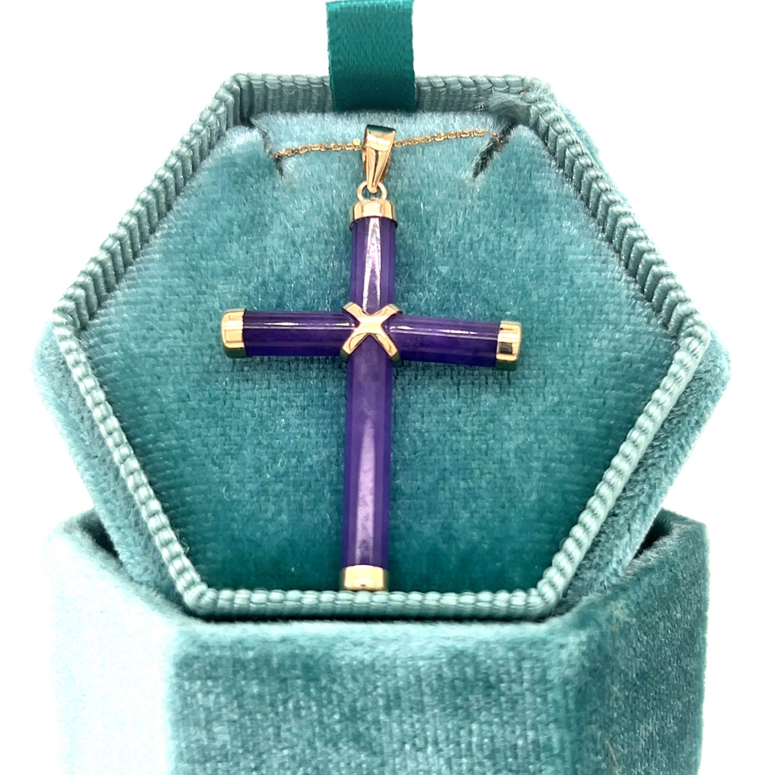 14K Yellow Gold Violet Jade Cross Pendant Necklace