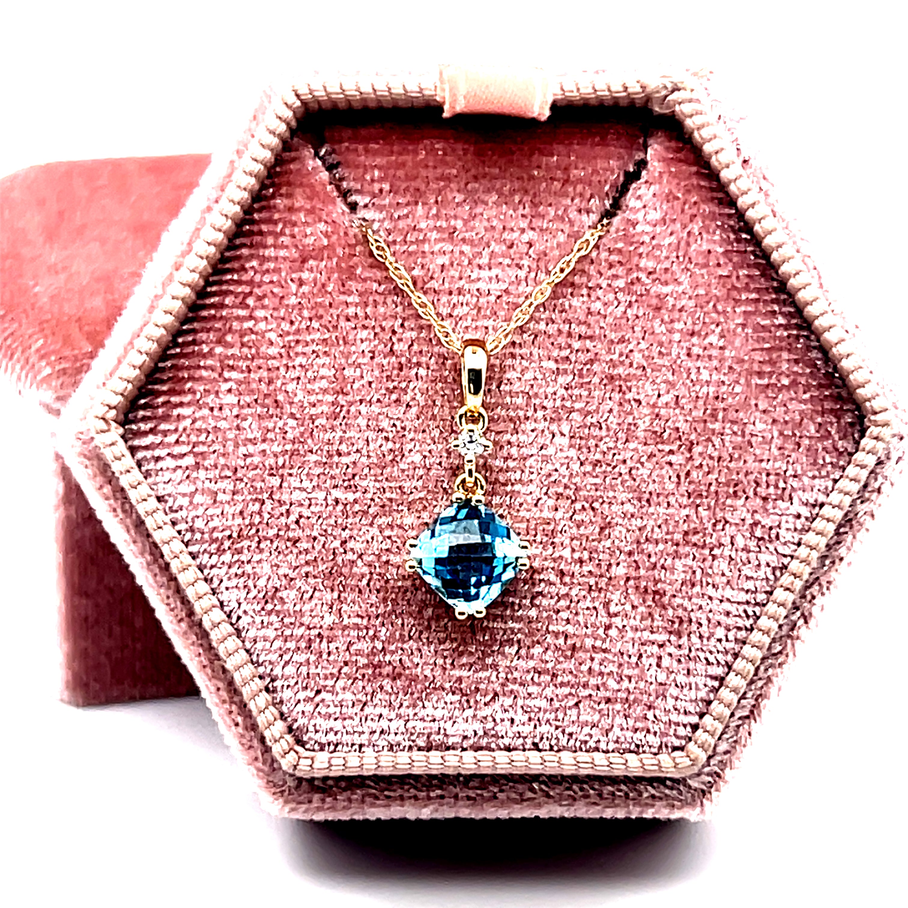 14K Yellow Gold 1.09CT 6x6mm Swiss Blue Topaz and 0.022 Carat Total Weight Diamond Pendant
