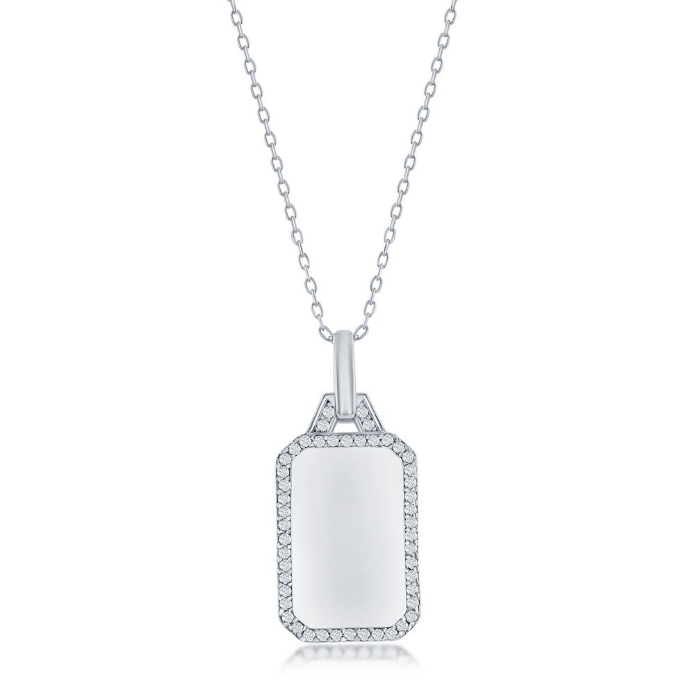 Sterling Silver Rectangle Dog Tag with Cubic Zirconia Border Pendant Necklace 16+2"