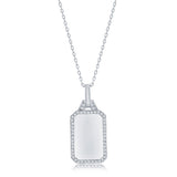 Sterling Silver Rectangle Dog Tag with Cubic Zirconia Border Pendant Necklace 16+2"