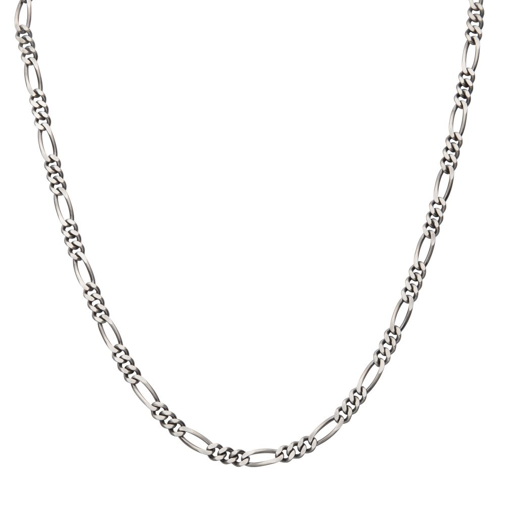 Men's Silver Black Rodium Plated Brushed Satin Finish Figaro Chain 22"