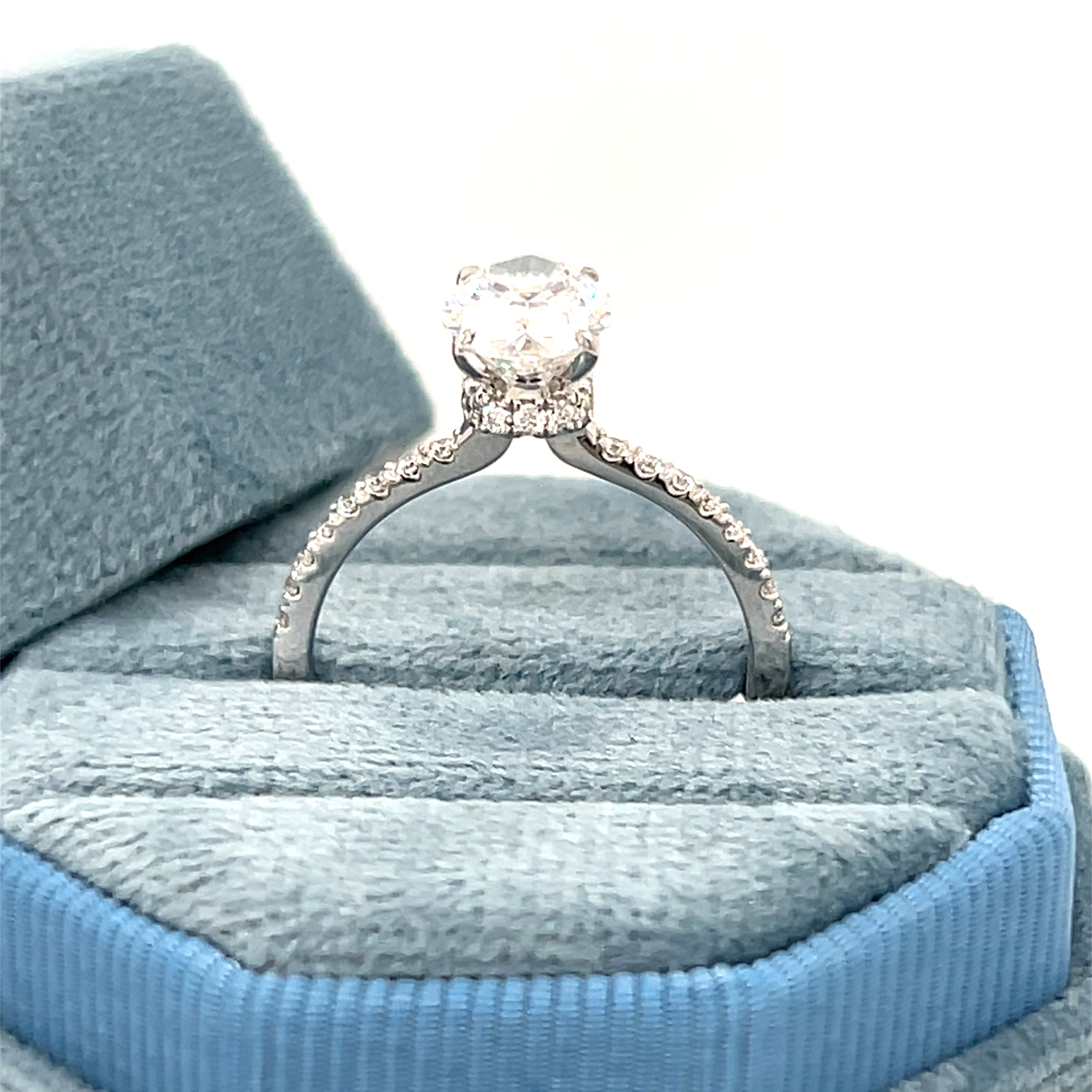 14K White Gold F VS2 Lab Grown 1.50 Carat Center Oval Diamond Engagement Ring with Hidden Halo 1.81 Carat Total Weight