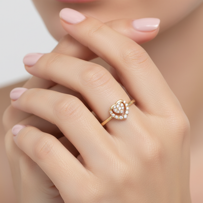 Yellow Gold Diamond Heart Within a Heart Bridal Engagement Promise Ring