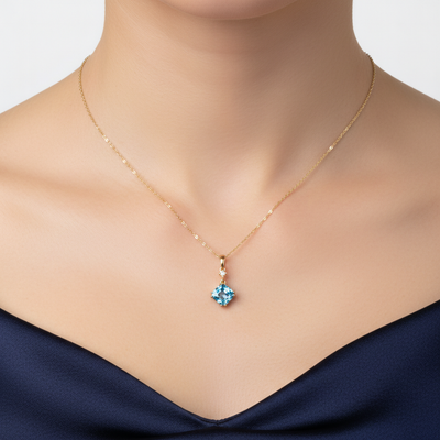 14K Yellow Gold 1.09CT 6x6mm Swiss Blue Topaz and 0.022 Carat Total Weight Diamond Pendant