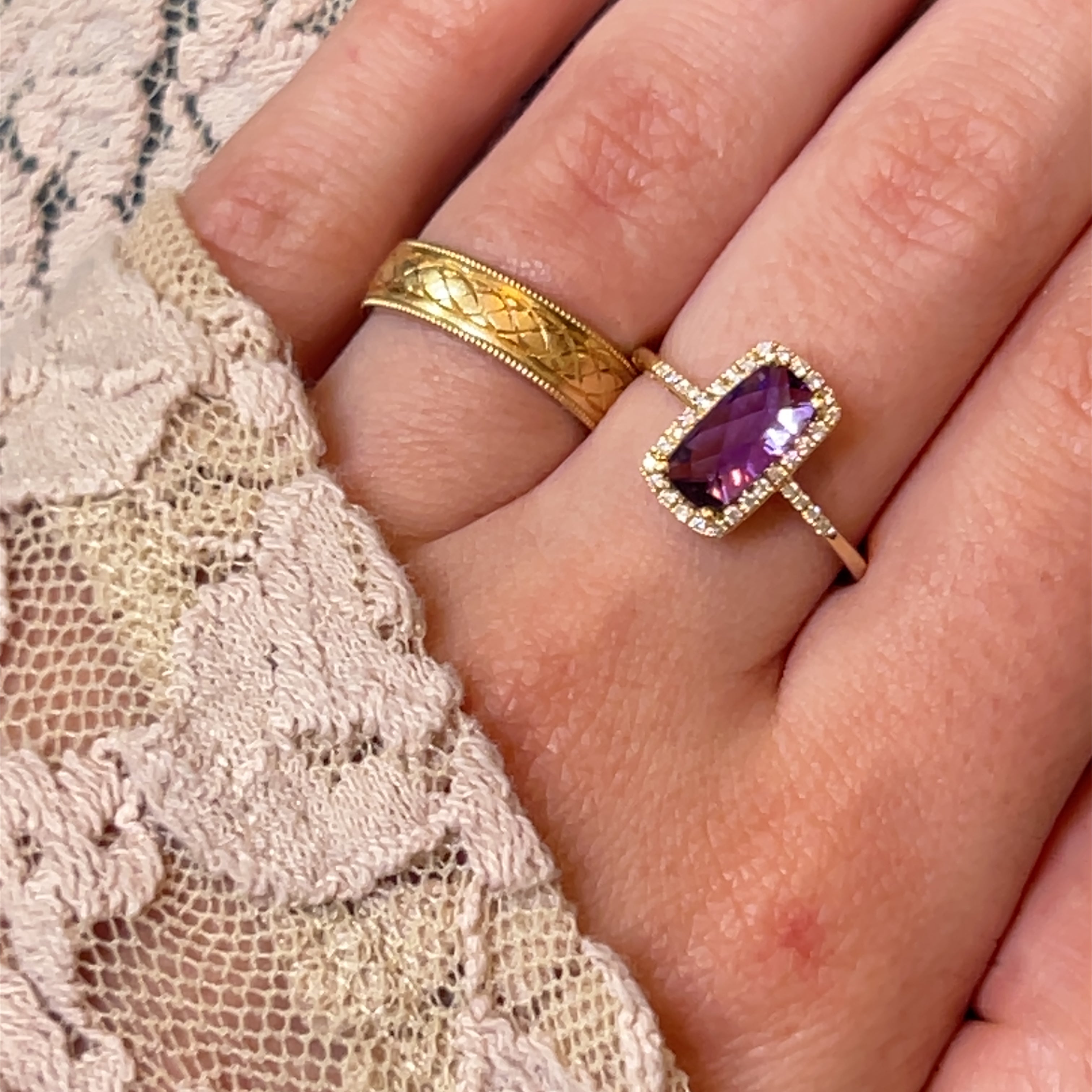 14K Yellow Gold Checkerboard Cut Amethyst and Diamond Ring