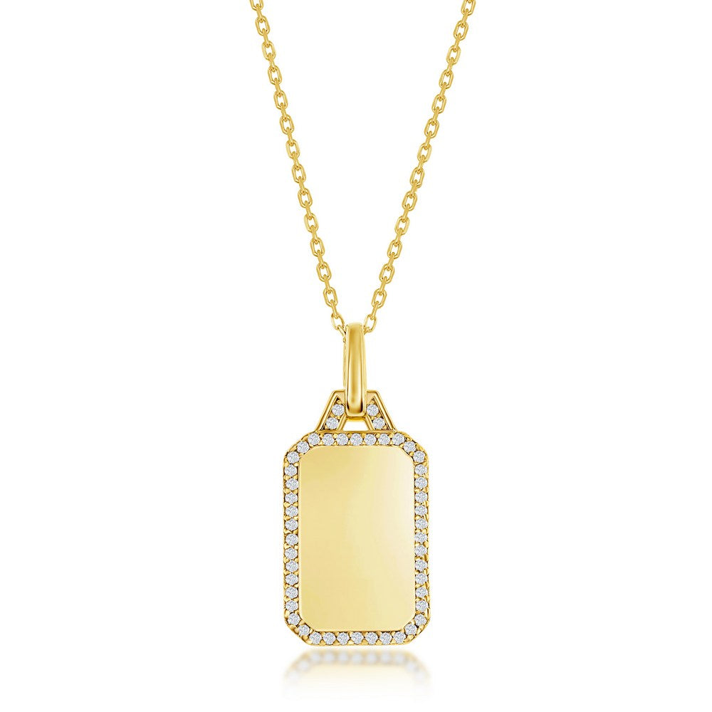 Sterling Silver Gold Plated Rectangle Dog Tag with Cubic Zirconia Border Necklace 16+2"