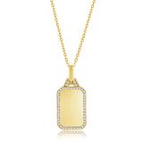 Sterling Silver Gold Plated Rectangle Dog Tag with Cubic Zirconia Border Necklace 16+2"