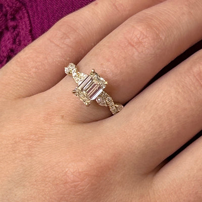 14K Yellow Gold 2.10CT Lab Grown Emerald Cut F Colorless VS2 Diamond Engagement Ring With Marquise Diamond Leaf and Vine Accents