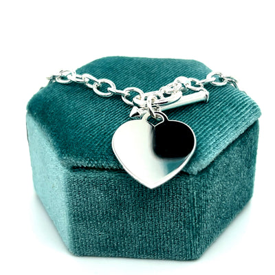 Sterling Silver Engravable Heart Charm Rolo Chain Toggle Bracelet 7.5"
