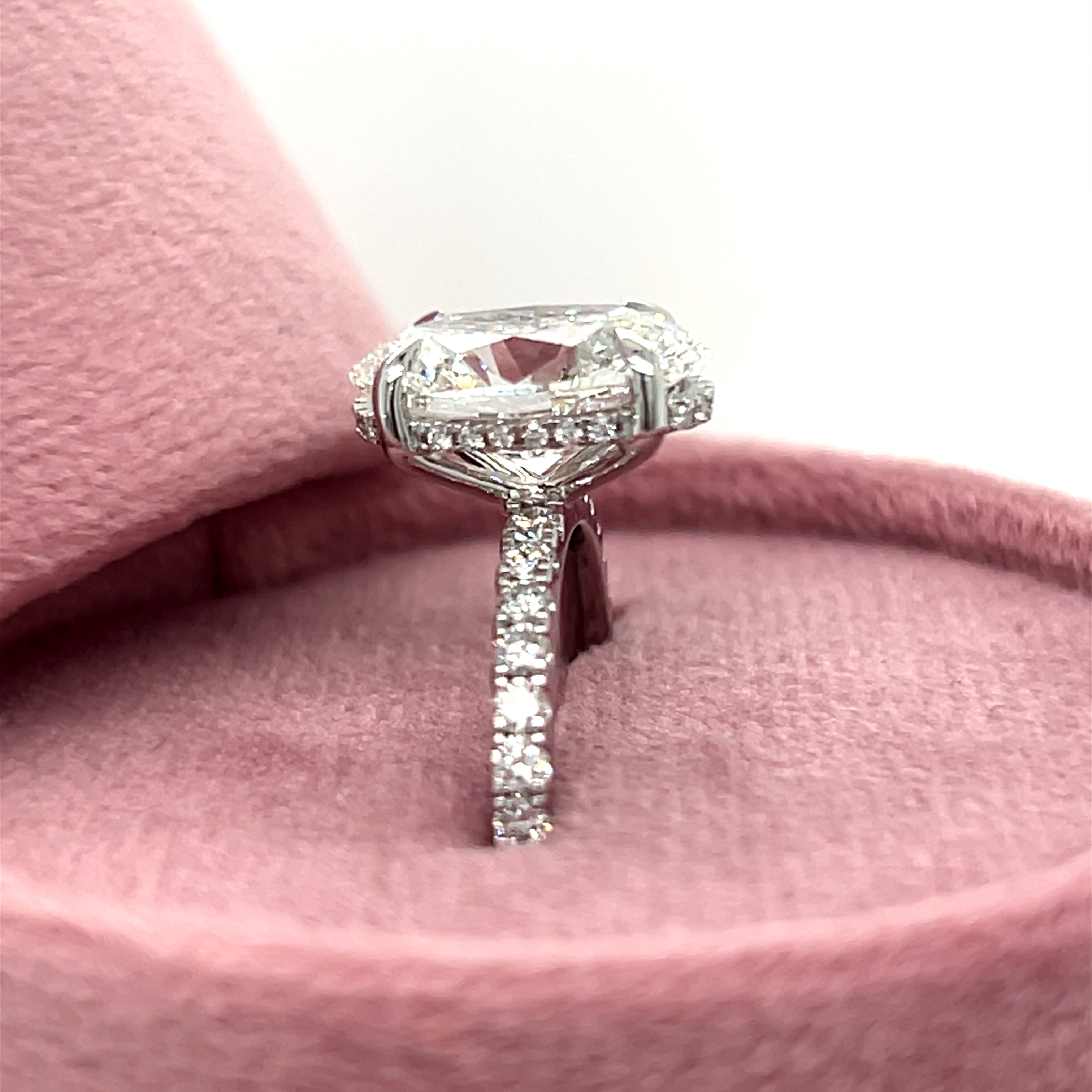 14K White Gold 3.02CT Oval Center and 3.20 Carat Total Weight Round Pave on Band & Hidden Halo Lab Grown Diamond Engagement Ring