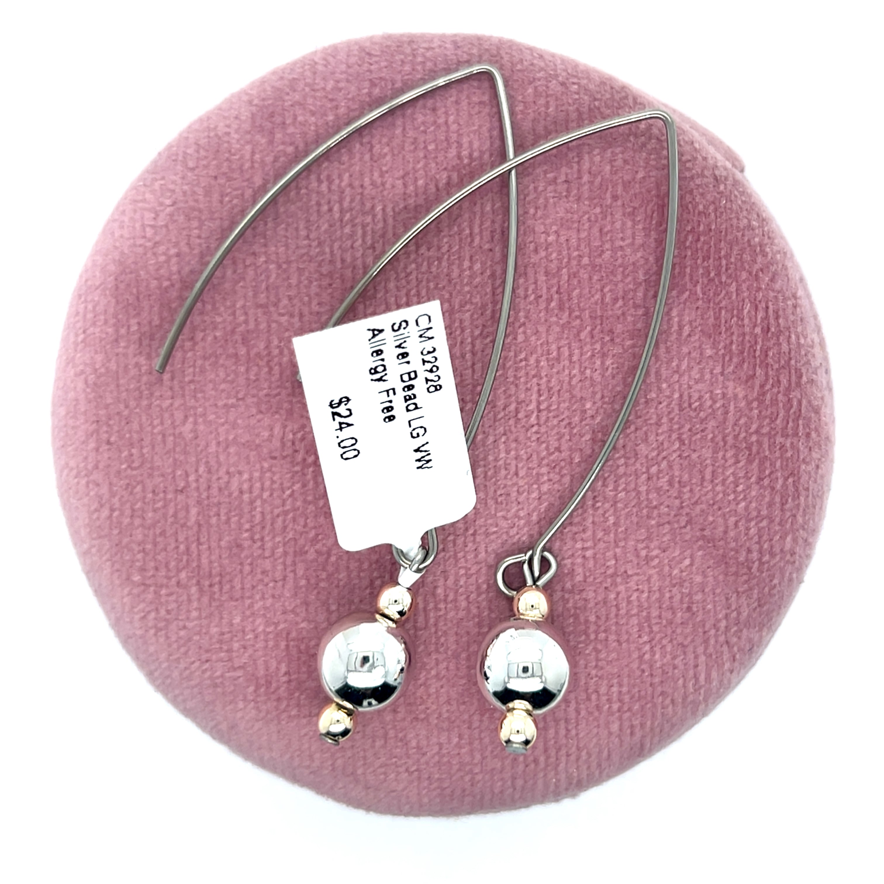 Silver Bead Large V Wire Allergy Free Earrings