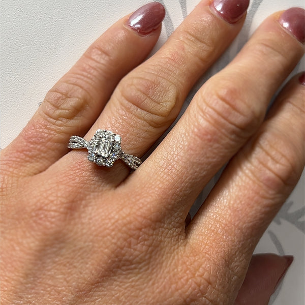 14K White Gold 1.00 Carat Total Weight Diamond Rectangular Halo Twisted Band Bridal Engagement Wedding Anniversary Ring