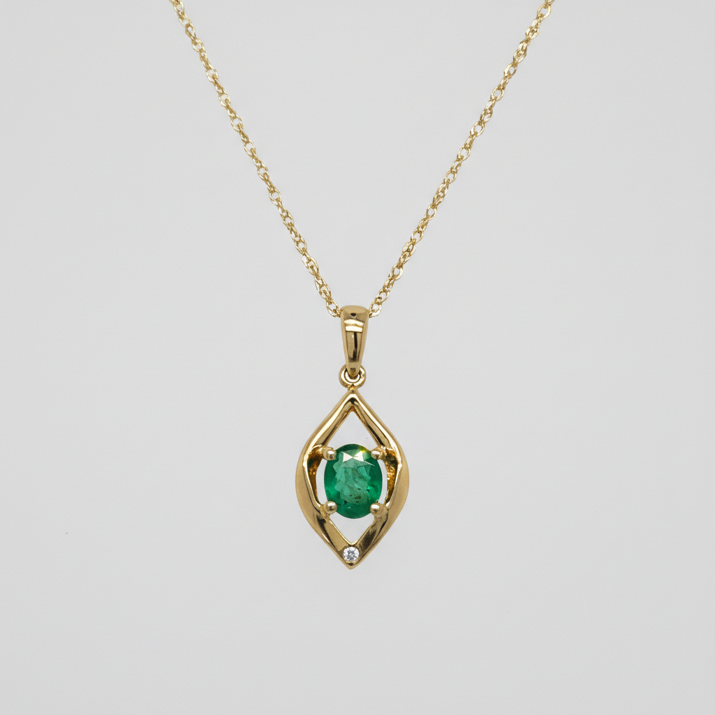 14K Yellow Gold 0.25CT 4x5mm Oval Emerald and 0.007CT (1) Diamond Pear-Shaped Pendant