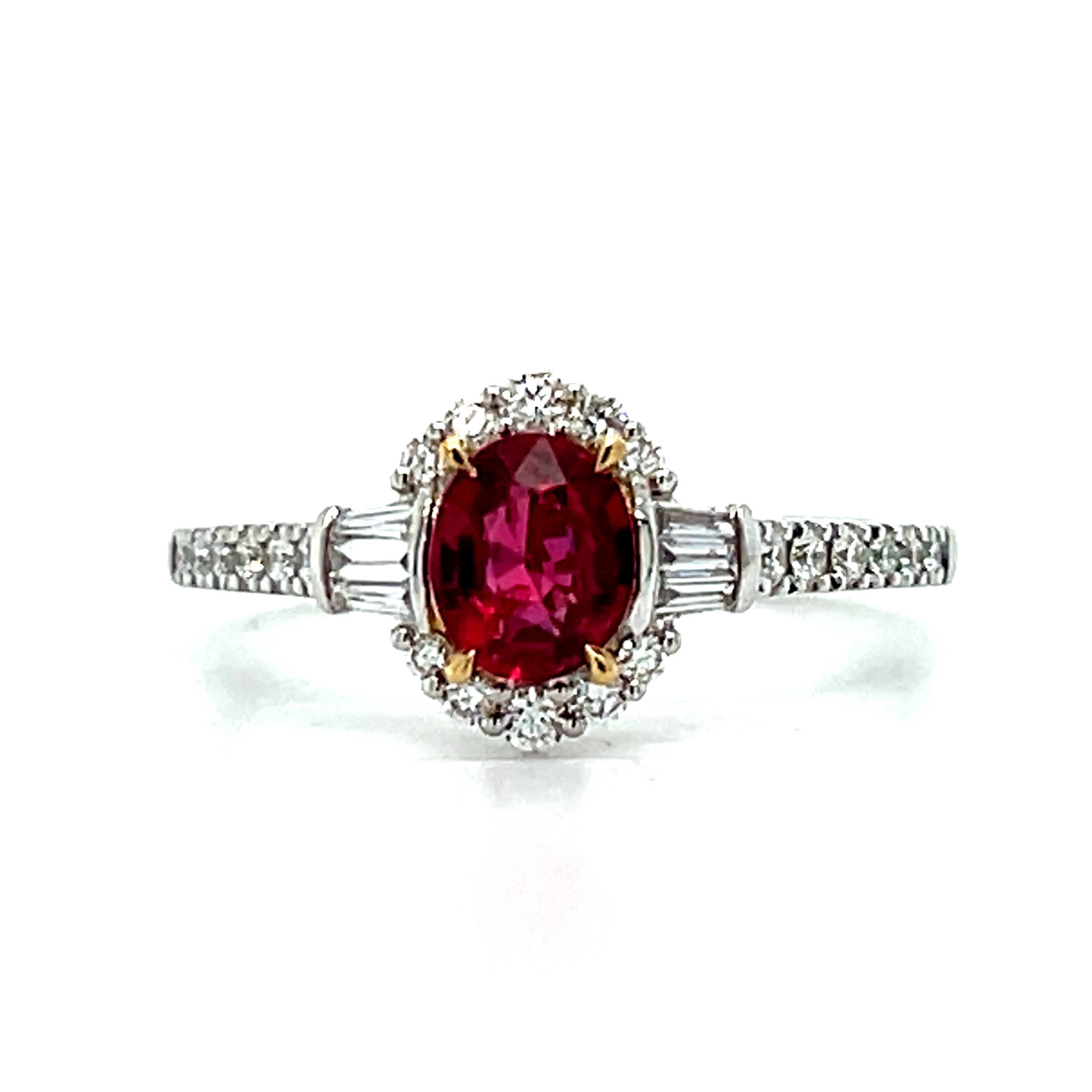 18K Yellow and White Gold Oval Ruby, Round Diamond and  Baguette Diamond Fashion Ring