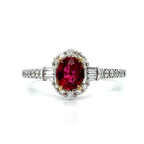 18K Yellow and White Gold Oval Ruby, Round Diamond and  Baguette Diamond Fashion Ring