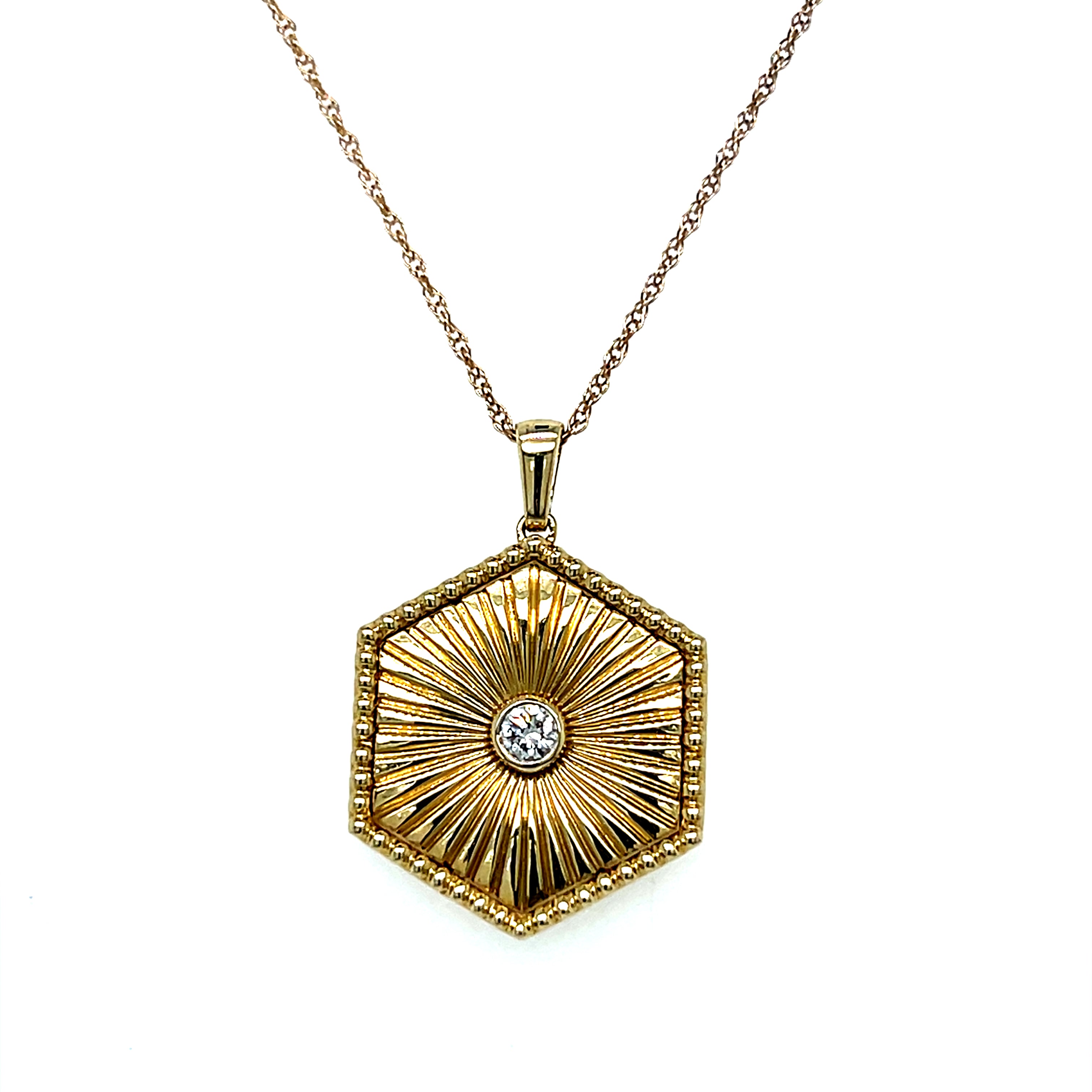 Yellow Gold Diamond Hexagonal Pendant Necklace