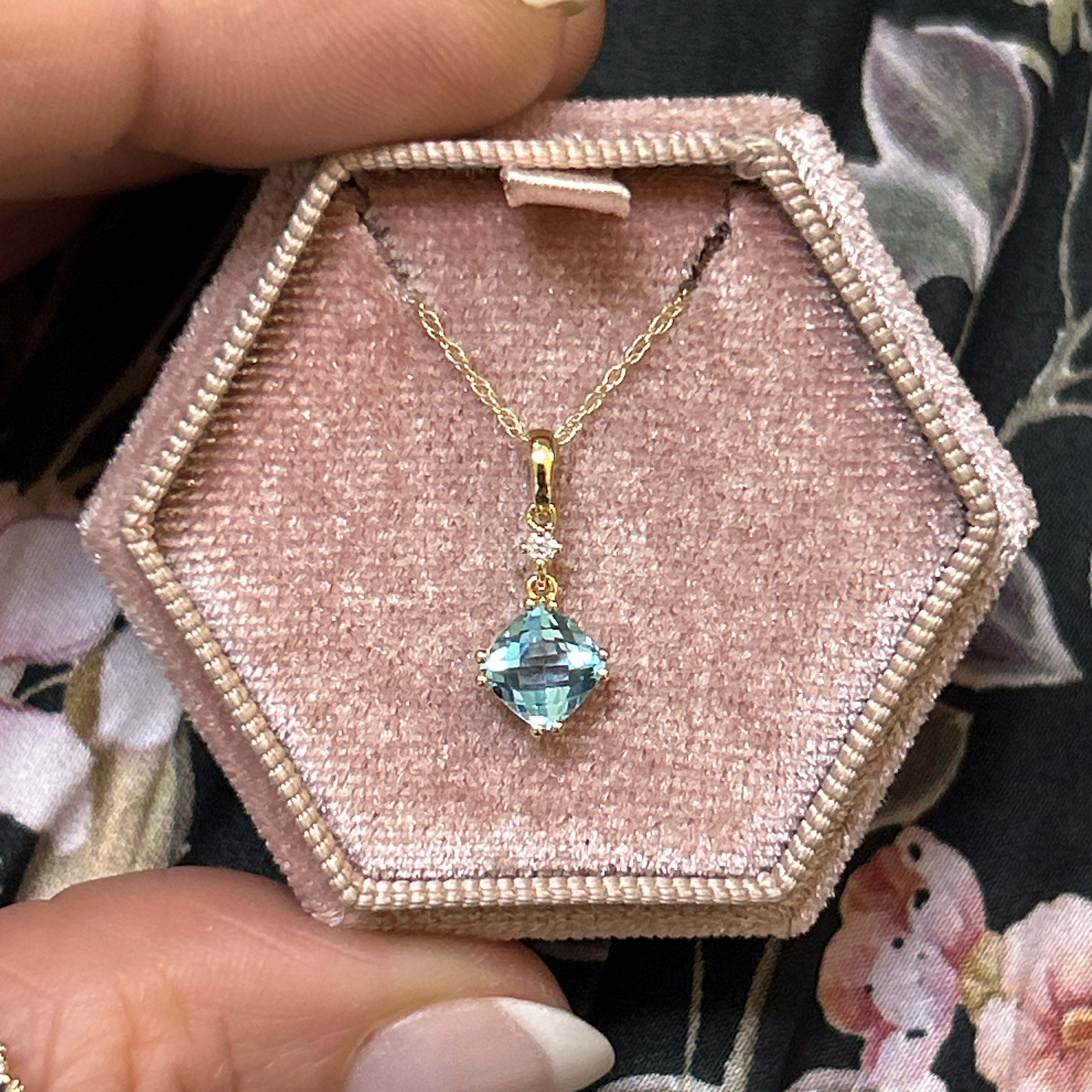 14K Yellow Gold 1.09CT 6x6mm Swiss Blue Topaz and 0.022 Carat Total Weight Diamond Pendant
