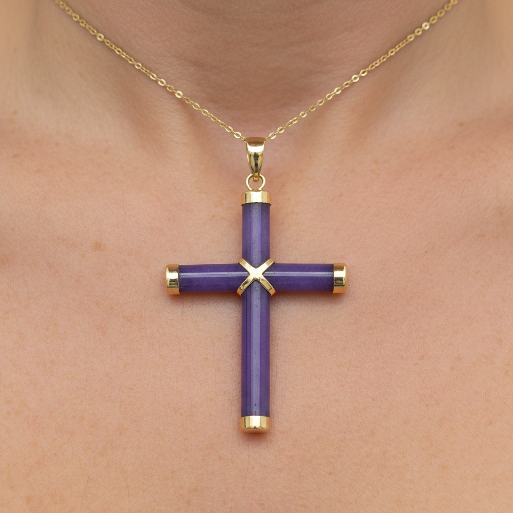 14K Yellow Gold Violet Jade Cross Pendant Necklace