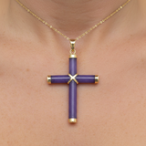 14K Yellow Gold Violet Jade Cross Pendant Necklace