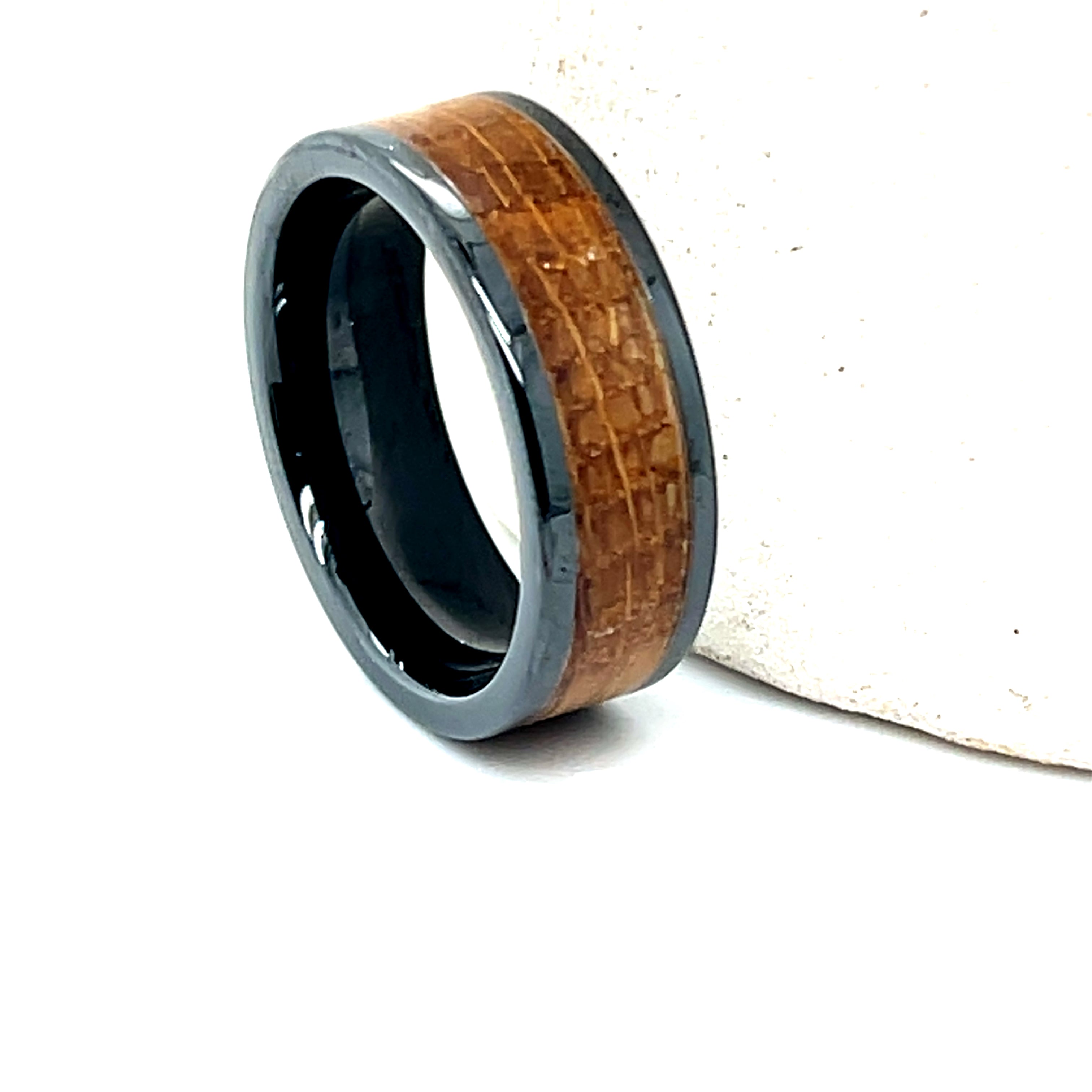 Men's Black Ceramic Whiskey Barrel Wood Inlay Wedding Band
