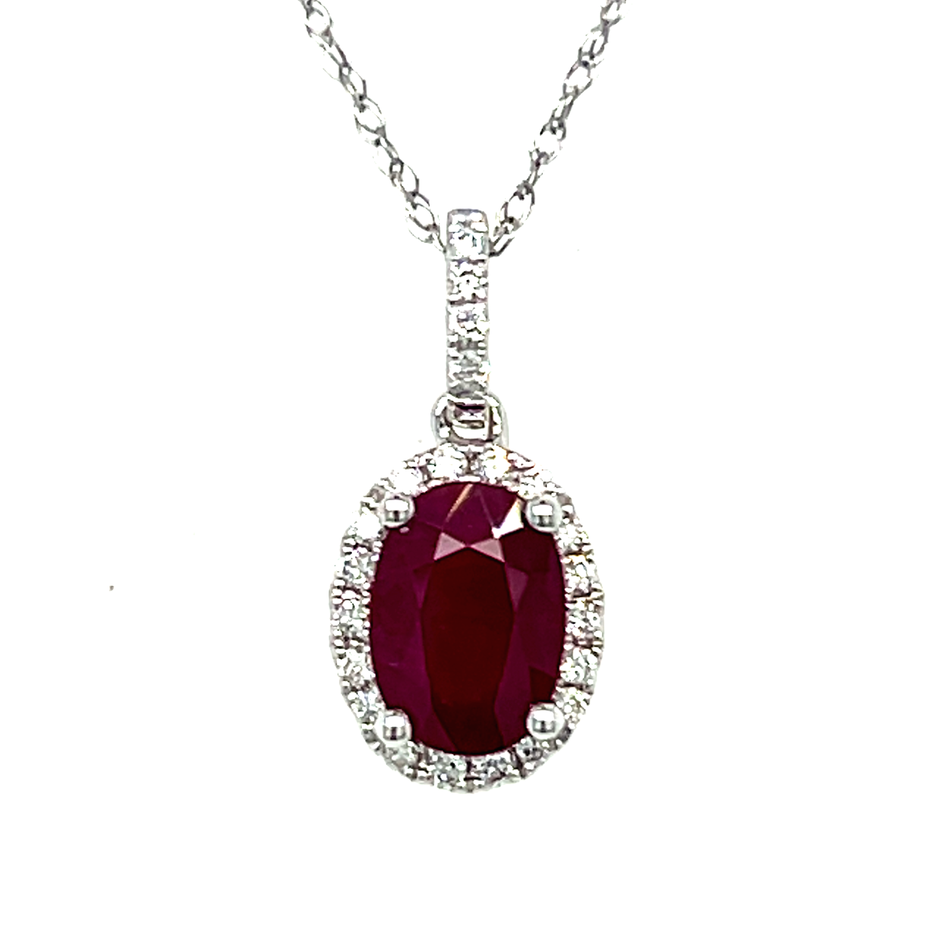 14K White Gold 0.80CT 5x7mm Ruby and 0.101 Carat Total Weight (23) Diamond Pendant