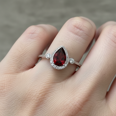 White Gold Pear-Shaped Garnet and Diamond Ring