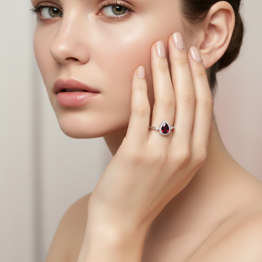 White Gold Pear-Shaped Garnet and Diamond Ring