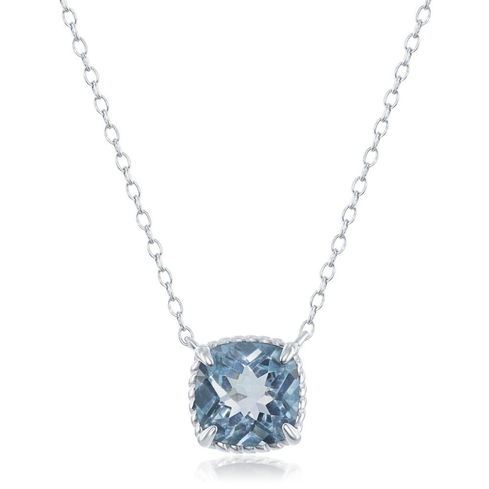 Sterling Silver Four-Prong Square Blue Topaz with Rope Design Border Necklace 16+2"