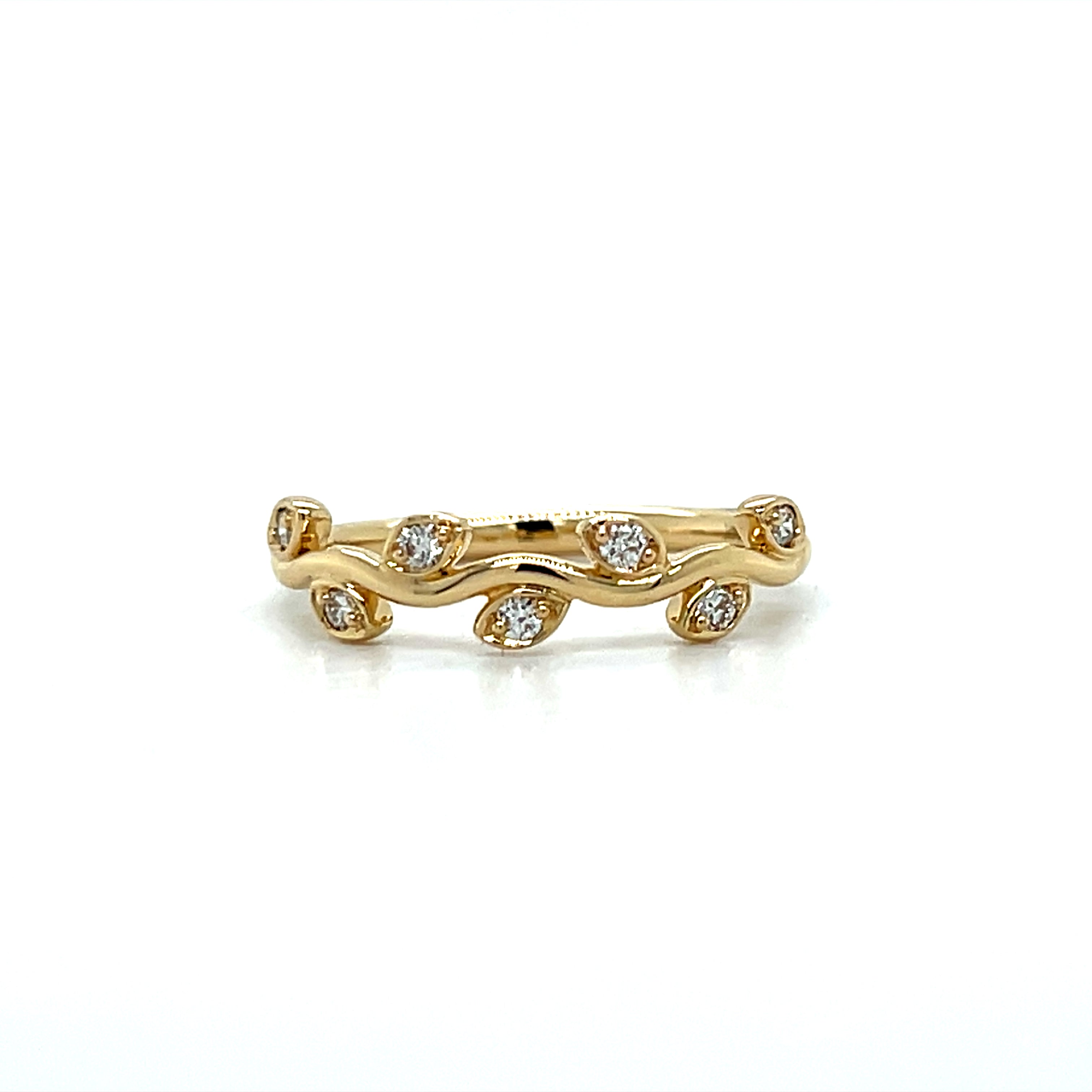 14K Yellow Gold 0.14 Carat Total Weight Diamond Wedding/Anniversary/ Stackable Leaf Band