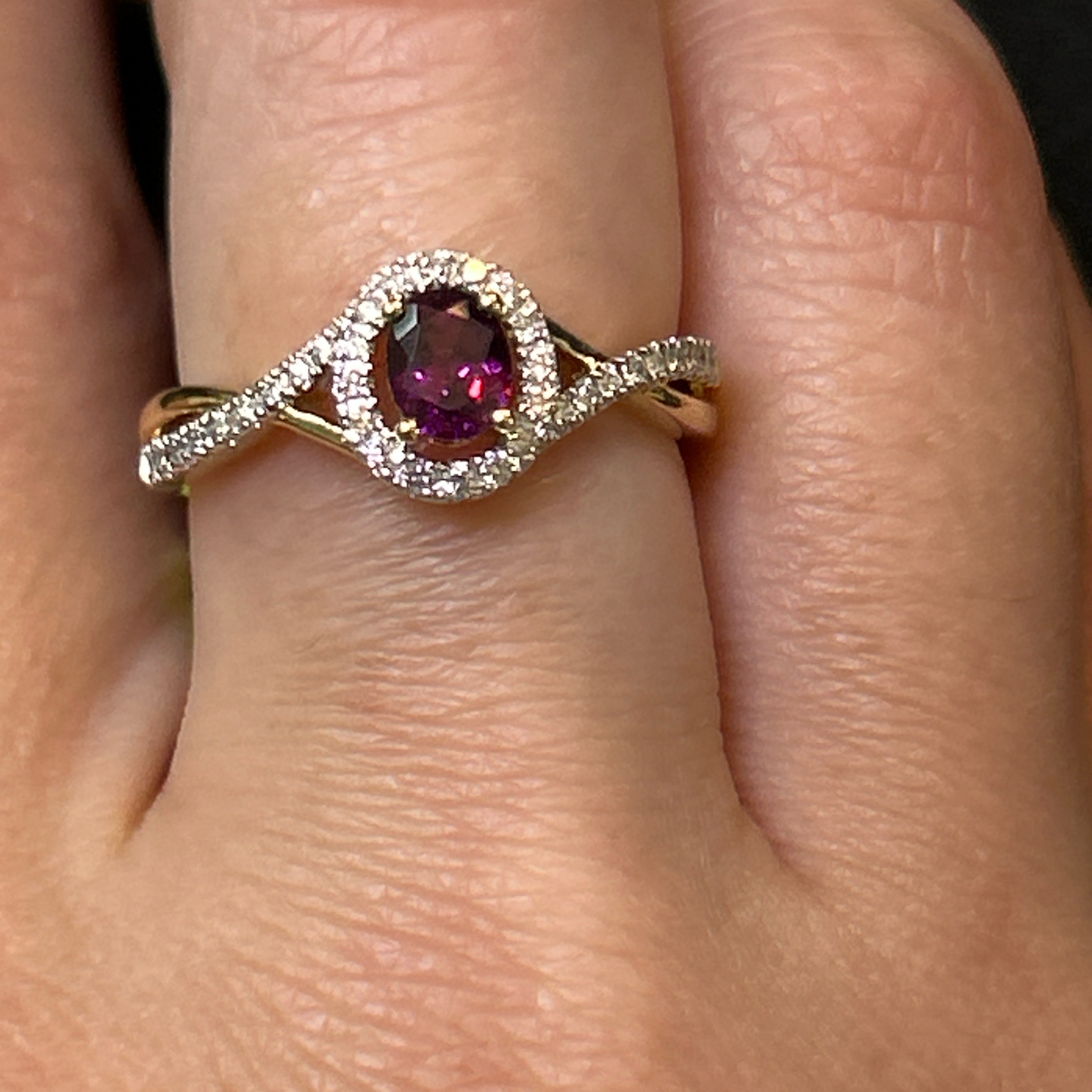 14K Yellow and White Gold Oval Rhodolite Garnet Diamond Accented Ring
