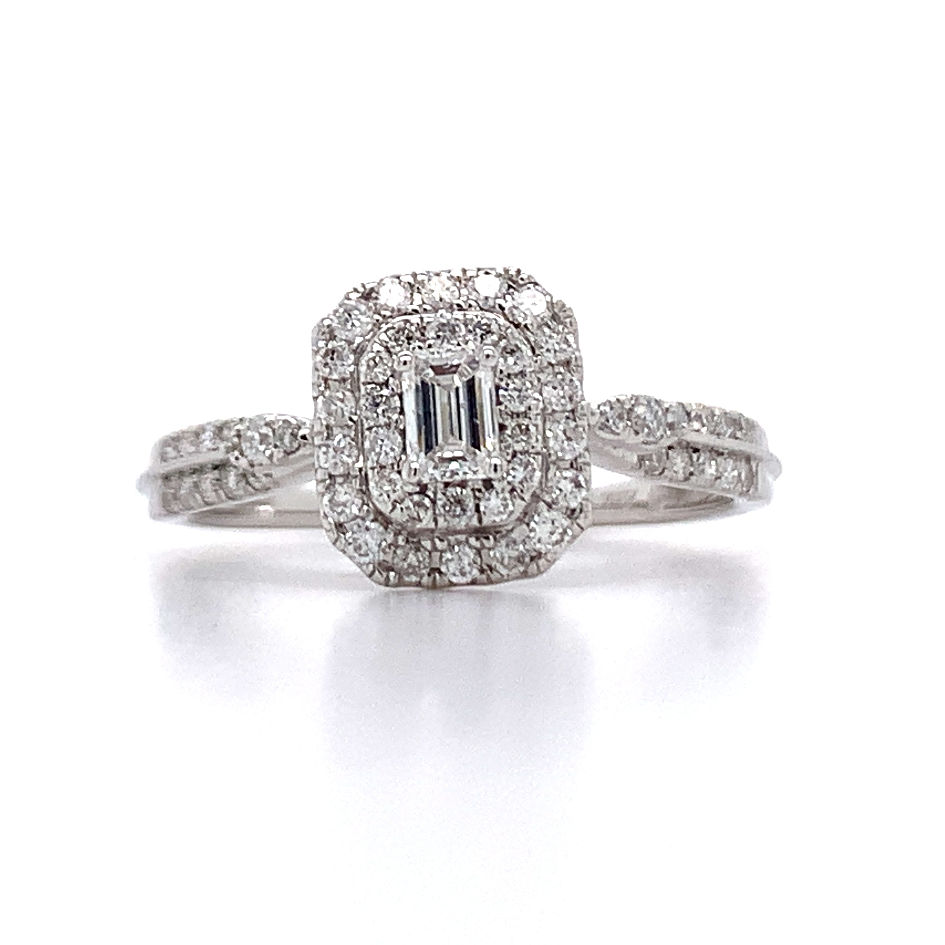 14K White Gold 1/2 Carat Total Weight 1/6CT Center Emerald Cut Diamond Engagement Ring