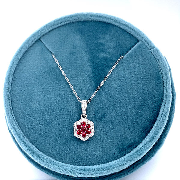 14K White Gold 1/5CT Ruby and 1/8 Carat Total Weight (21Brilliant) Diamond Pendant