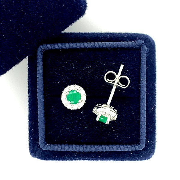 14K White Gold .32 Total Gem Weight Emerald and .15 Carat Total Weight Diamond Stud Earrings