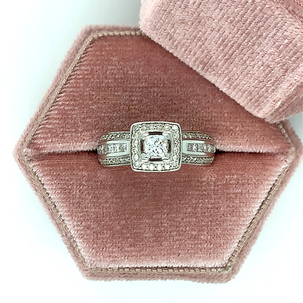 14K White Gold 1.04 Carat Total Weight (.29 Center Princess Cut) Diamond Bridal Engagement Ring