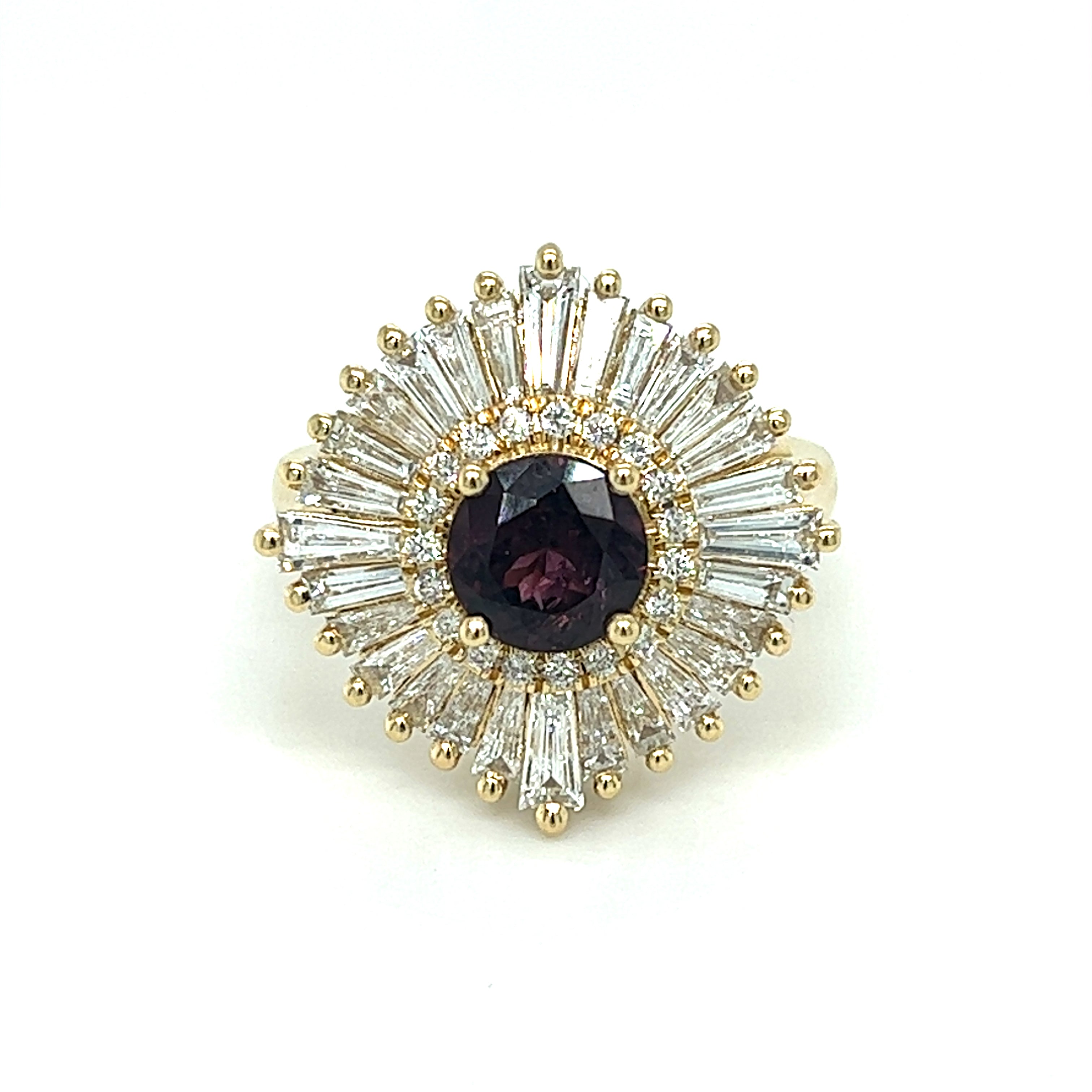 "Ethelee" 14K Yellow Gold (1) 1.66CT Magenta Sapphire with 1.48CTW Baguette Diamonds and Round .17CTW Diamond Ballerina Inspired Custom Wright's Jewelry Signature Design by Jennifer Beatty