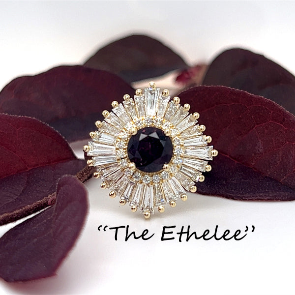 "Ethelee" 14K Yellow Gold (1) 1.66CT Magenta Sapphire with 1.48CTW Baguette Diamonds and Round .17CTW Diamond Ballerina Inspired Custom Wright's Jewelry Signature Design by Jennifer Beatty