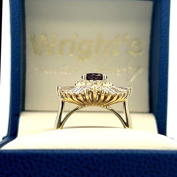 "Ethelee" 14K Yellow Gold (1) 1.66CT Magenta Sapphire with 1.48CTW Baguette Diamonds and Round .17CTW Diamond Ballerina Inspired Custom Wright's Jewelry Signature Design by Jennifer Beatty
