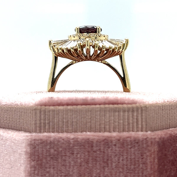 "Ethelee" 14K Yellow Gold (1) 1.66CT Magenta Sapphire with 1.48CTW Baguette Diamonds and Round .17CTW Diamond Ballerina Inspired Custom Wright's Jewelry Signature Design by Jennifer Beatty