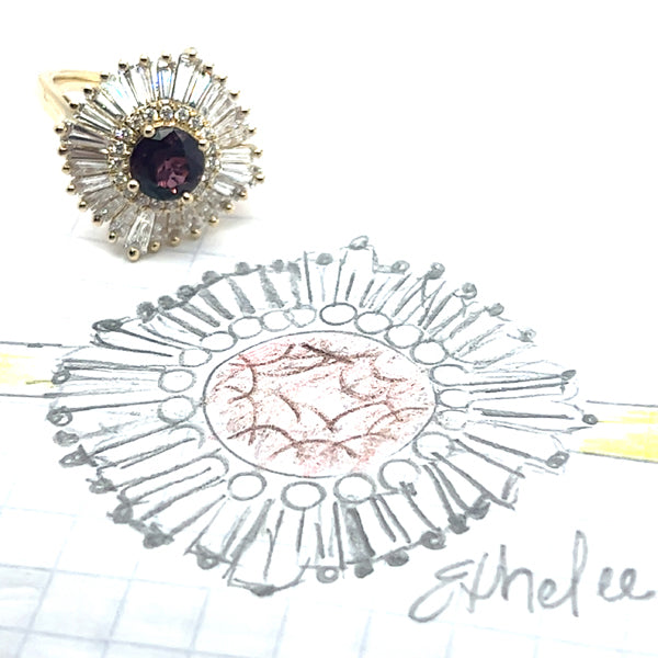 "Ethelee" 14K Yellow Gold (1) 1.66CT Magenta Sapphire with 1.48CTW Baguette Diamonds and Round .17CTW Diamond Ballerina Inspired Custom Wright's Jewelry Signature Design by Jennifer Beatty