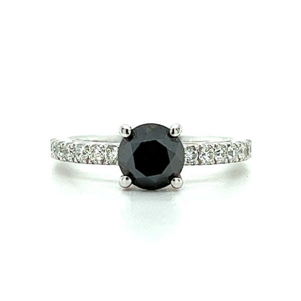114K White Gold 1.25CT Black Diamond with .37 Carat Total Weight White Diamond Bridal Engagement Ring